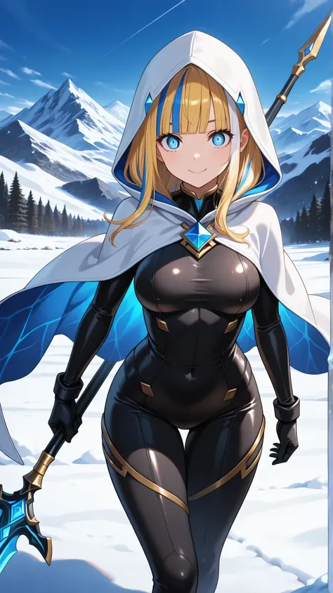 (masterpiece), best quality, expressive eyes, perfect face, 1girl, weapon, solo, hood, multicolored_hair, long_hair, blonde_hair, sword, looking_at_viewer, bodysuit, streaked_hair, holding_weapon, holding, smile, breasts, thigh_gap, snow, black_bodysuit, b...