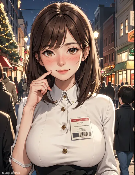 1lady solo, (holding an elegant ticket (in front of face:1.2)), (stylish outfit), mature female, /(light brown hair/) bangs, (nose blush) light smile (embarrassed:1.2) shy, (masterpiece best quality:1.2) delicate illustration ultra-detailed, large breasts ...