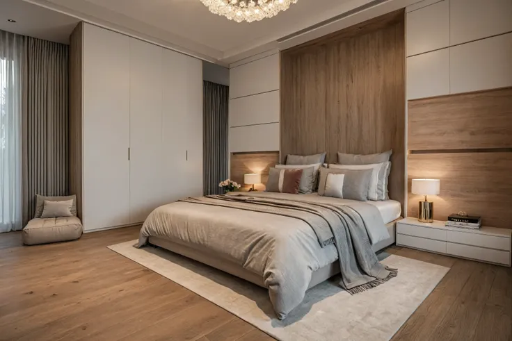 Raw photo,Masterpiece, high quality, best quality, authentic, super detail, interior, ((girl's bedroom)), ((style Minimalism)), sunset, day light, bed, carpet, curves, bedside cabinets, wood floor ,wardrobe, led, flower vase, butterfly chandelier , windows...
