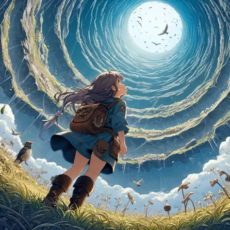 masterpiece、Top Quality、very detailed、4K、Cell Animation、 line art 、 very low angle 、Vast Holes、Extremely Deep Hole、Hierarchy in the cross section of the hole、angle from inside the hole、 beautiful girl、Explorer Outfit、Detailed clothing、複雑な line art 、Brill...