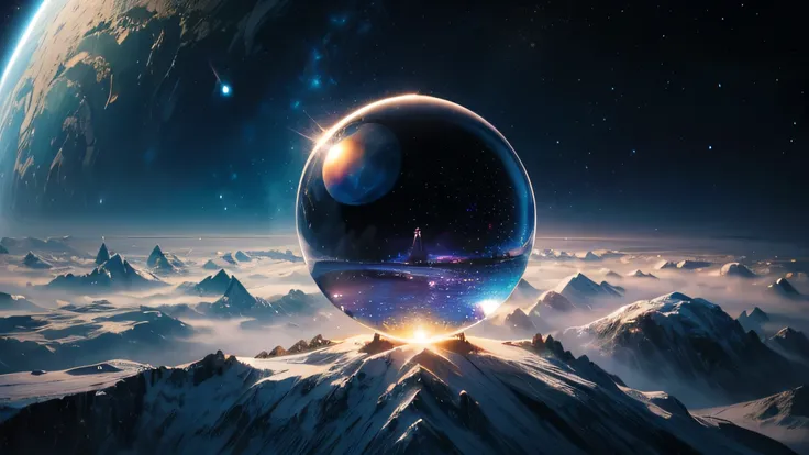 A detailed illustration of the world hidden within a crystal ball, surface,  Atmosphere , Galaxy in the background, with whimsical lighting, 笼罩着神秘的Atmosphere,  Soft texture ,  Artwork, ethereal glow, A continent with an anti-vibration plane, Rule of Thirds...