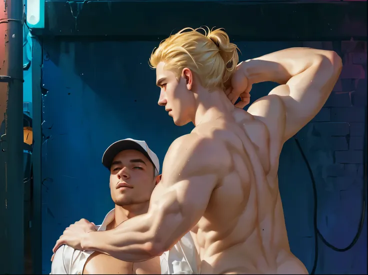 2 men, one man wear white open shirt tan skin and black skinhead hair,other one blonde mullet hair showing back , ((looking each other)),HIGH detail,4k, realistic,muscular