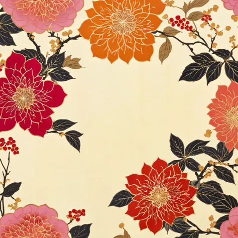 A mesmerizing Japanese print with red, orange, and pink floral elements, golden accents, and a rich cream-colored background for an elegant look.