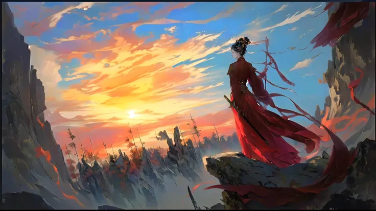 Painting of a woman dressed in red standing on a cliff, author：The J, author：Sun Xie , palace ，  girl in Hanfu , author：Li Song, Close-up of a woman holding a sword in a painting by Huang Shen, Animated Epic Works , author 王鹗,  Inspired by Zhong Fenhua , B...