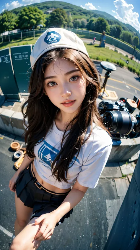 top quality, masterpiece,  Ultra High Resolution ,8k, (realistic:1.6), ( facing each other portrait ) RAW photo, 1 girl,(Full of smiles,  teeth)), 22 years old,((Korean idol Karina fashion)),((miniskirt uniform and undershorts)),((Straight black long hair)...