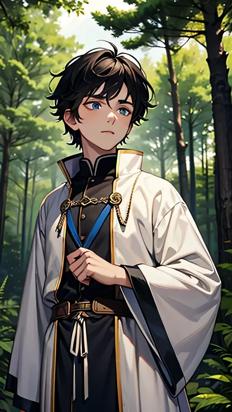 20-year-old boy, short, disheveled black hair. Blue eyes. Tired look. White skin. Dressed in old medieval clothes, European style. Inside a forest with large trees.