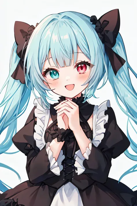 clean anime outlines, Anime-style illustration of a cheerful young girl with light blue hair, twin tails, voluminous curled ends. She has blunt bangs cut evenly across her forehead. Her eyes are heterochromatic—one red and one gray.
She has a bright, ope...