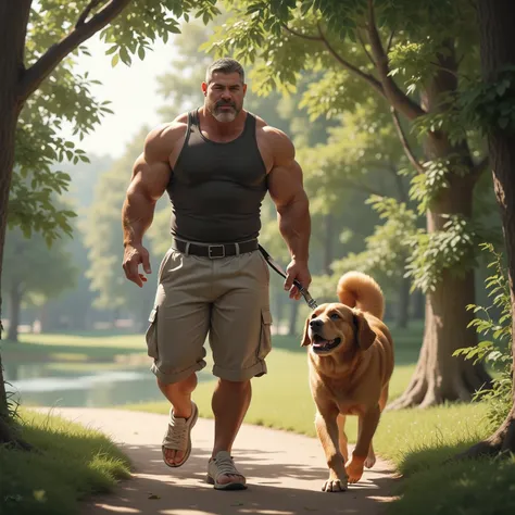 (highest quality:1.5), (masterpiece:1.5), 1 man, wild uncle Walking in the park with a big retriever dog, holding the dog's leash, tank top, light clothes, Hulk muscle male uncle, short hair, very short beard, hot guy, macho, Hulk muscle male uncle, Sli...