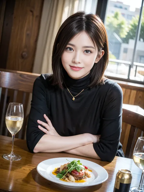 (( wine glasses)),((Top Quality、8k、masterpiece:1.3))、 turtleneck shirt, Japanese Beauty, Slim beauty,Age 33,36 years old, model couple、(realistic, complicated details :1.2), Full course dinner、very beautiful。{x} Amazing view of the sunset and clouds 、...