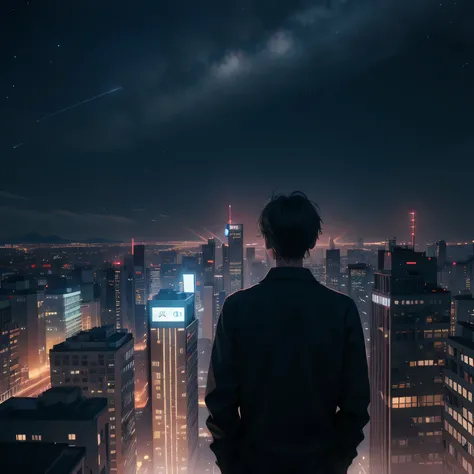 night，A man stands on the roof，The background is the city's skyscrapers and neon lights，starry lights over him，The man looks deep into the distance，Half-length portrait，