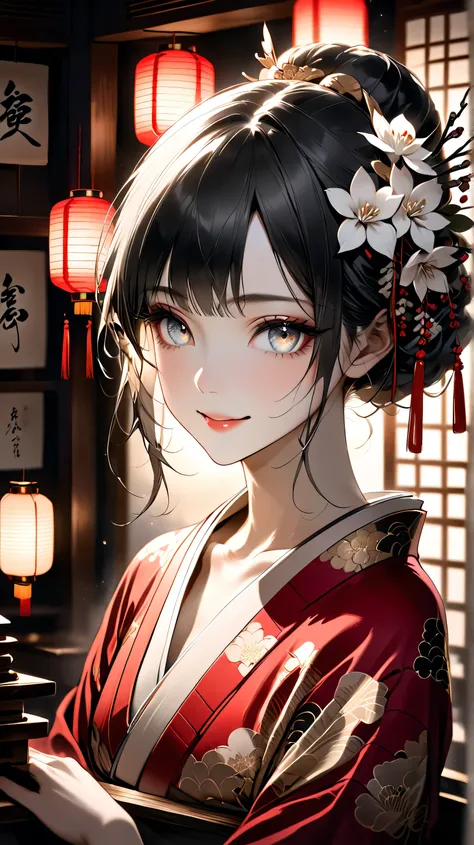  Sumi-e style,   ink wash painting, very detailed, super realistic,  Bust, close-up, tight framing, Mysterious Woman, traditional japanese bar, elegant,   mesmerizing gaze  ,   almond-shaped eyes, soft enigmatic smile, delicate facial features, Porcelain S...