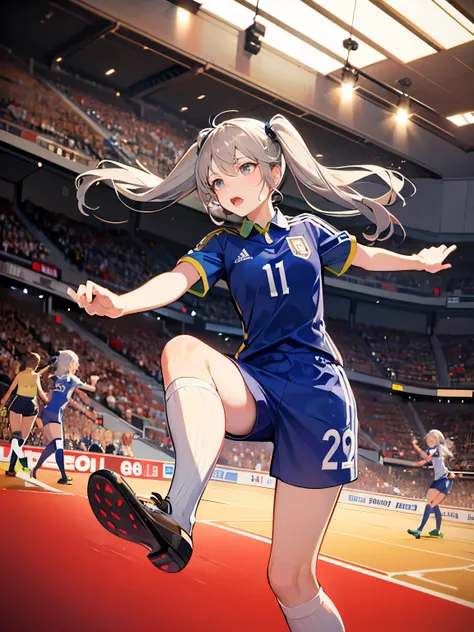  soccer court,The moment of goal,Shoot,goal,Composition for kicking to your heart's content, soccer,smash,girls,Gray Hair,Twin Tails,cute,turf court,in uniform,High Resolution, accurate, HD Model, high quality, high detail,  wide angle shot, 