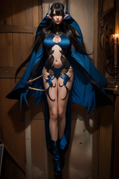 Succubus,adult woman, black hair,long hair,long bangs,Are you wearing clothes that show your chest and belly,black suit, wearing a cape,having sex in cowgirl position,blue-colored skin,best quality,best details