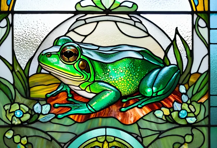 a close up of a stained glass window with a frog on it, Pascal Blanchet , behance contest winner, art nouveau, stained glass art, stained glass style, stained glass, stained glass!!, stained glass, frog themed, psychedelic frog, frog, green stained glass...