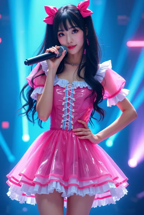 Create a highly detailed, realistic image of a young woman with long, dark hair styled with two small pink bows on either side. She is wearing a vibrant and transparent shinning glossy pink short dress that has a layered, frilly design with white ruffled e...