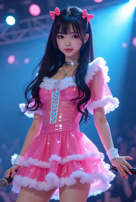 Create a highly detailed, realistic image of a young woman with long, dark hair styled with two small pink bows on either side. She is wearing a vibrant and transparent shinning glossy pink short dress that has a layered, frilly design with white ruffled e...