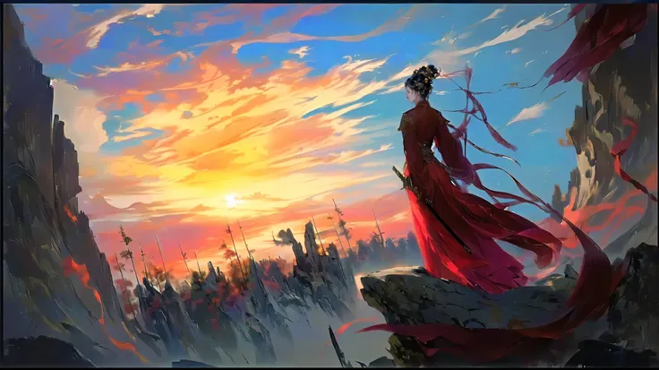 Painting of a woman dressed in red standing on a cliff, author：The J, author：Sun Xie , palace ，  girl in Hanfu , author：Li Song, Close-up of a woman holding a sword in a painting by Huang Shen, Animated Epic Works , author 王鹗,  Inspired by Zhong Fenhua , B...