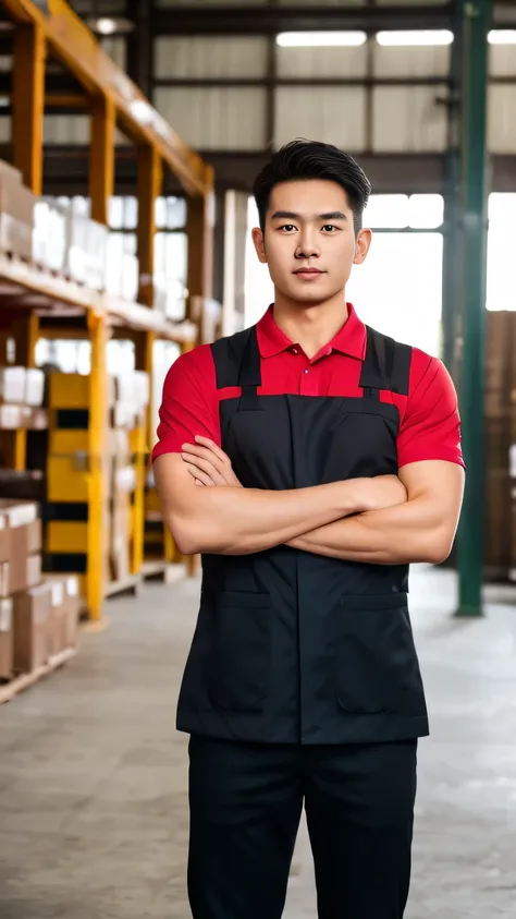 handsome asian guy with worker uniform, Realistic, 4k images, standing with arms crossed, elite worker
