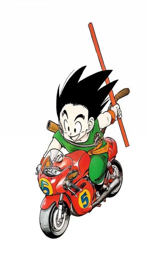 character riding a red motorcycle. The character has spiky black hair and a cheerful expression, with large, expressive eyes. He is wearing a green outfit and is holding a long, red staff in his right hand. The motorcycle is detailed with the number '5' pr...