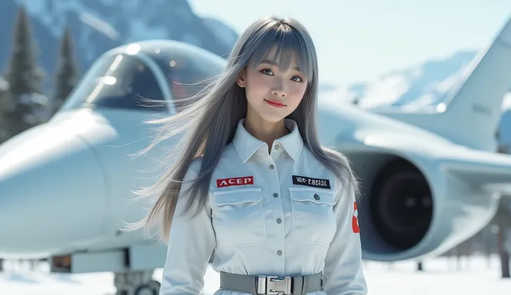 Japanese woman smiling thinly, has very large and plump breasts, plump body with perfect curves, big hips, blue eyes, clean white skin, wearing white combat clothes with the words "ACEP" in red on the left chest of the shirt and "VLOG SEMESTA" in black on ...