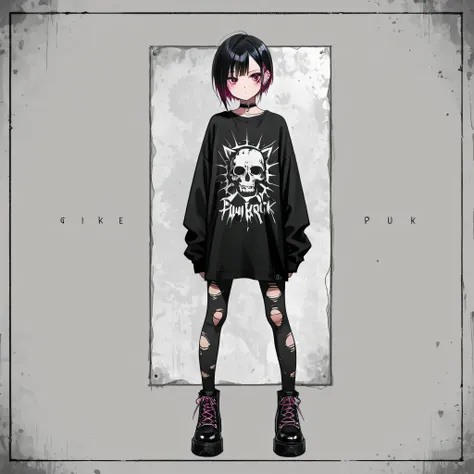 make anime girl short hair full body with style grunge punk