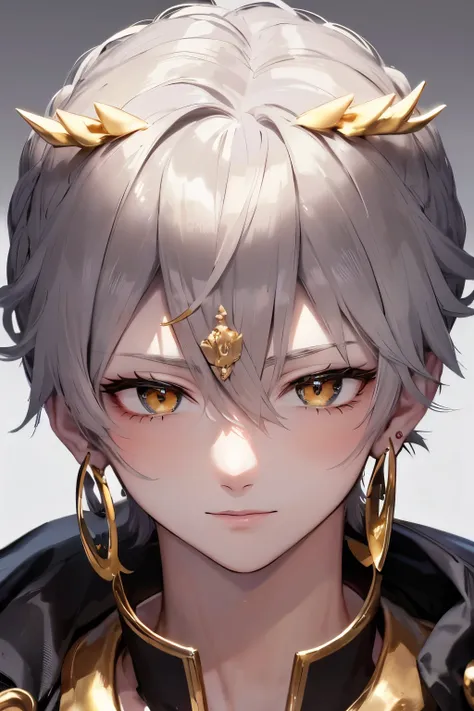 handsome、 youth、Kind Face、 Silver Hair、with golden eyes、Golden Eyes、Crescent Moon Earrings、perfect face、