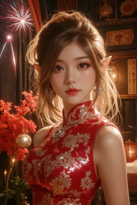 Cat ears、 face up, attractive, pretty girl, ponytail、few beautiful lady hair decorations, (( fine facial features , eroticism)), dramatic lighting , realistic , 8k, Dramatic Shadows , intricate and elaborate patterns , super detailed photo , chiaroscuro li...