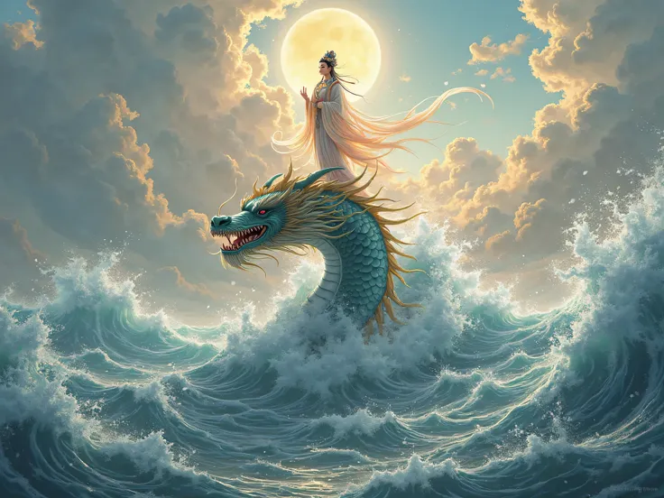 
GuanAn Yin bodhisattas standing on a dragon's head in the middle of the sea 