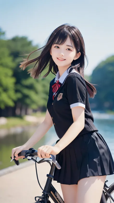 (Close up face shot of one slender small breasts two side up black medium hair bangs girl in short sleeves white school uniform and black skirt with small smile:1.5)、(One girl is riding bicycle on the road along the river in Japan:1.5)、(Blue sky:1.5)、(blur...