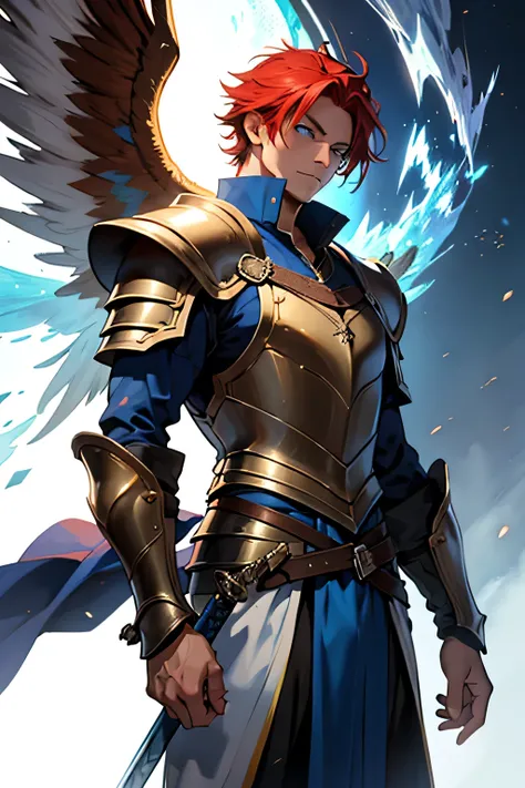  Red haired man, 20 years, blue eyes, silver medieval armor, with the design of a golden phoenix on the armor, In the hand a sword with a crystalline blue blade