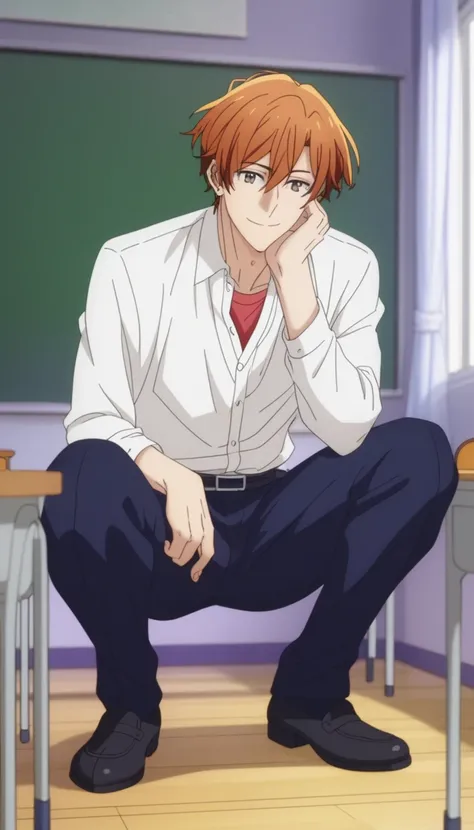 man, un  man, short hair, cabello color naranja ojos café , pantalones escolares azul marino, white school dRess shiRt,   Arrogant smile,  postura En cuclillas, En cuclillas, in a classroom, Sitting on the classroom floor, Anime by Sasaki Shummei, squat po...