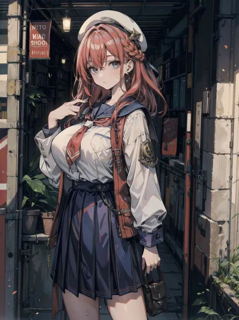 ideal ratio body proportions, perfect anatomy, correct body, earring, huge breasts, narrow waist, short hair, red hair, wavy hair, hair behind ear, half updo, looking at viewer, sweat, cowboy shot, outdoor, beret, skirt, ((school uniform)),