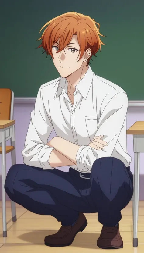 man, un  man, short hair, cabello color naranja ojos café , pantalones escolares azul marino, white school dRess shiRt,   Arrogant smile,  postura En cuclillas, En cuclillas, in a classroom, Sitting on the classroom floor, Anime by Sasaki Shummei, squat po...