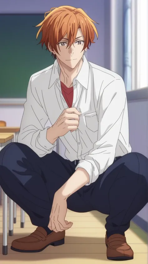 man, un  man, short hair, orange hair brown eyes , navy blue school pants, white school dRess shiRt,    Arrogant smile,   squatting posture, En cuclillas, in a classroom, Sitting on the classroom floor, Anime by Sasaki Shummei,  squatting posture  