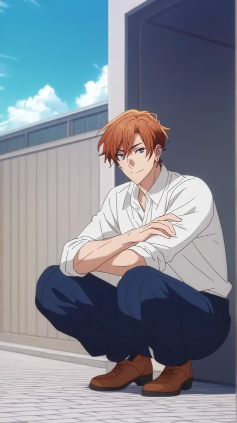 man, un  man, short hair, cabello color naranja ojos café , Navy blue fitted school jersey,   Arrogant smile,   squatting posture, squatting, in the yard de una escuela, anime, Sasaki Shummei,  cloudy sky , in the yard 