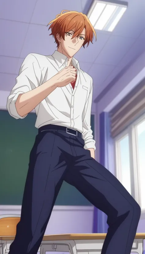 male, A man, short hair, cabello color naranja ojos café , navy blue school pants, white school dRess shiRt,  arrogant smile,  standing posture , standing pose, downward view, perspective from below, in a classroom, Sitting on the flooR of the classRoom, S...