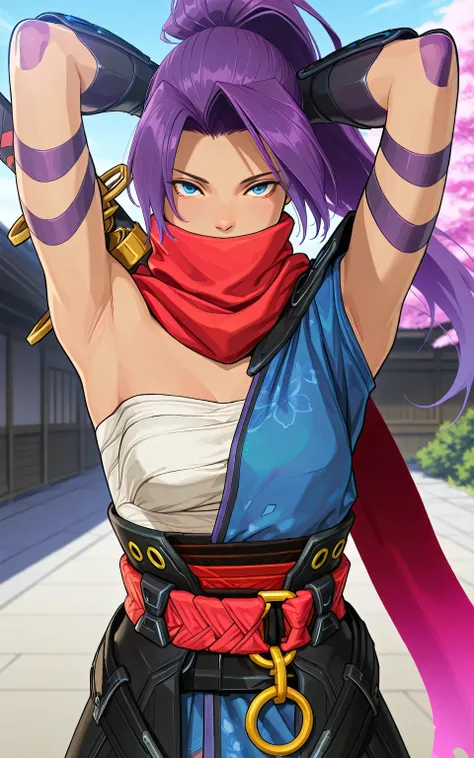 masterpiece, best quality, amazing quality, anime screencap, anime coloring, 1girl, solo, psylocke_mvr, blue eyes, purple hair, high ponytail, parted bangs, long hair, red scarf, scarf over mouth, japanese clothes, chest sarashi, kimono, sash, red belt, ob...