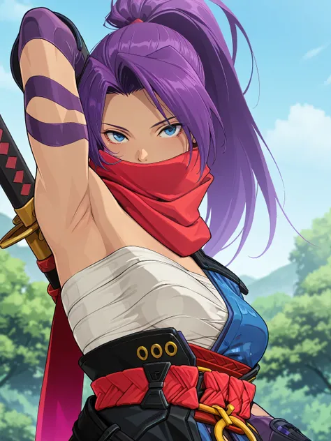 masterpiece, best quality, amazing quality, anime screencap, anime coloring, 1girl, solo, psylocke_mvr, blue eyes, purple hair, high ponytail, parted bangs, long hair, red scarf, scarf over mouth, japanese clothes, chest sarashi, kimono, sash, red belt, ob...