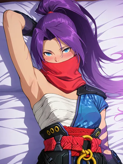 masterpiece, best quality, amazing quality, anime screencap, anime coloring, 1girl, solo, psylocke_mvr, blue eyes, purple hair, high ponytail, parted bangs, long hair, red scarf, scarf over mouth, japanese clothes, chest sarashi, kimono, sash, red belt, ob...