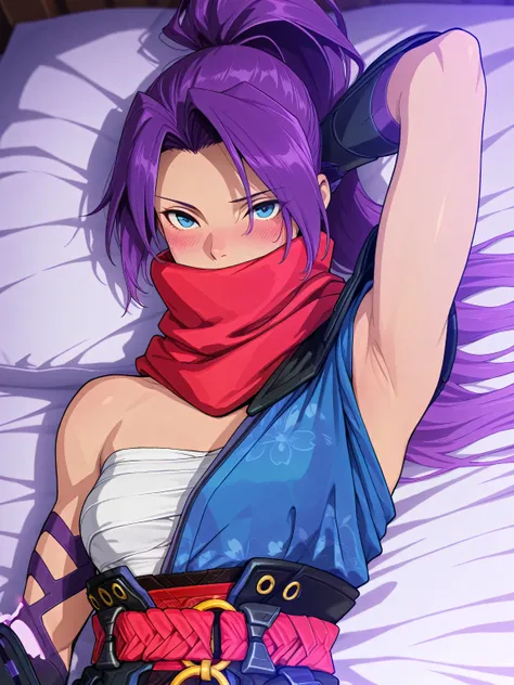masterpiece, best quality, amazing quality, anime screencap, anime coloring, 1girl, solo, psylocke_mvr, blue eyes, purple hair, high ponytail, parted bangs, long hair, red scarf, scarf over mouth, japanese clothes, chest sarashi, kimono, sash, red belt, ob...