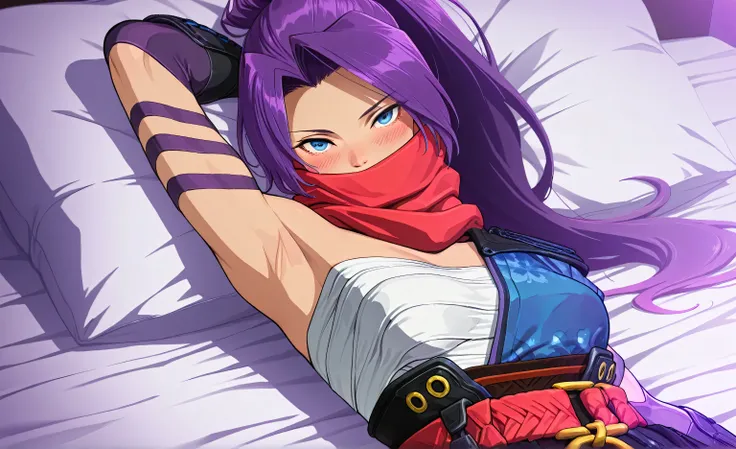masterpiece, best quality, amazing quality, anime screencap, anime coloring, 1girl, solo, psylocke_mvr, blue eyes, purple hair, high ponytail, parted bangs, long hair, red scarf, scarf over mouth, japanese clothes, chest sarashi, kimono, sash, red belt, ob...