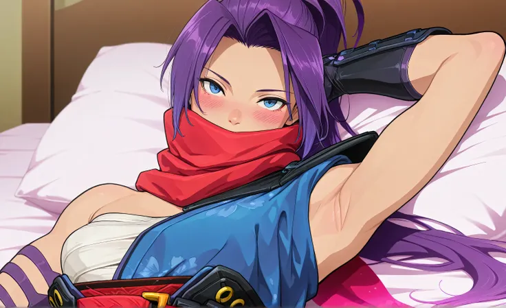 masterpiece, best quality, amazing quality, anime screencap, anime coloring, 1girl, solo, psylocke_mvr, blue eyes, purple hair, high ponytail, parted bangs, long hair, red scarf, scarf over mouth, japanese clothes, chest sarashi, kimono, sash, red belt, ob...
