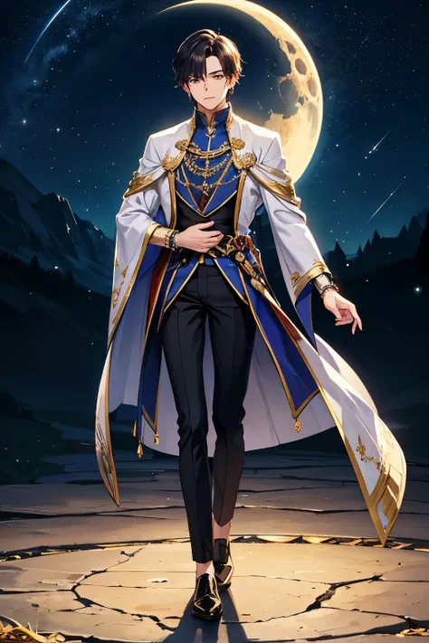 male costume。Men's costume design with a fantastic moon and night sky theme。A full-body costume based on deep purple、mysterious attire studded with motifs of the moon and stars。For a jacket with a flowing silhouette、Delicate gold and silver embroidery is a...