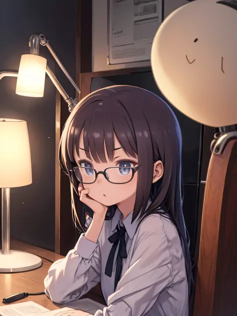 Girl studying for entrance exams in her room、upper body、serious、glasses、machine、sit on a chair、close-up、Desk lamp、