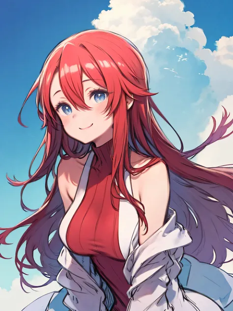 Smiling woman kneeling in prairie、upper body、cute、blue sky、 watercolor style、 sketch、Red color hair、long hair、hair between eyes、Blue Eyes、 red turtleneck sweater、Big Breasts、