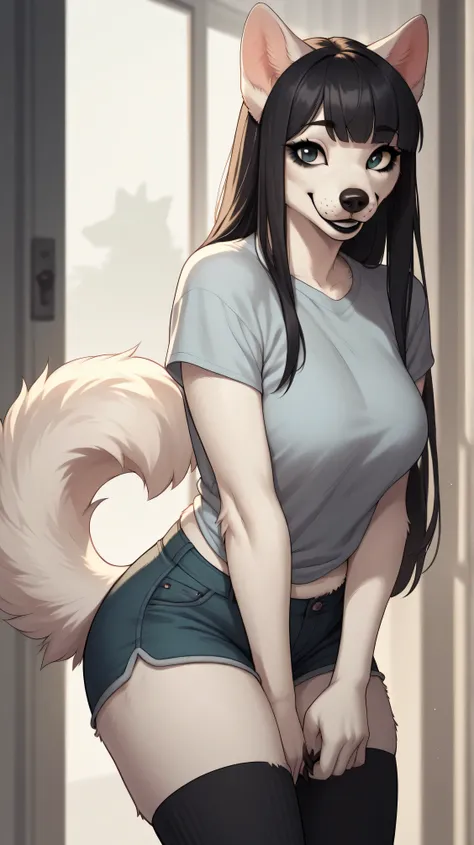 anthropomorphic dog girl, (18 years old), big breasts,  fluffy, muzzle, Long hair, long bangs, black lipstick, mascara on the eyes,,  tail, Dog ears, (( white fur )), Black hair, long bangs, black claws, feminine, slightly plump, anthropomorphic femininity...