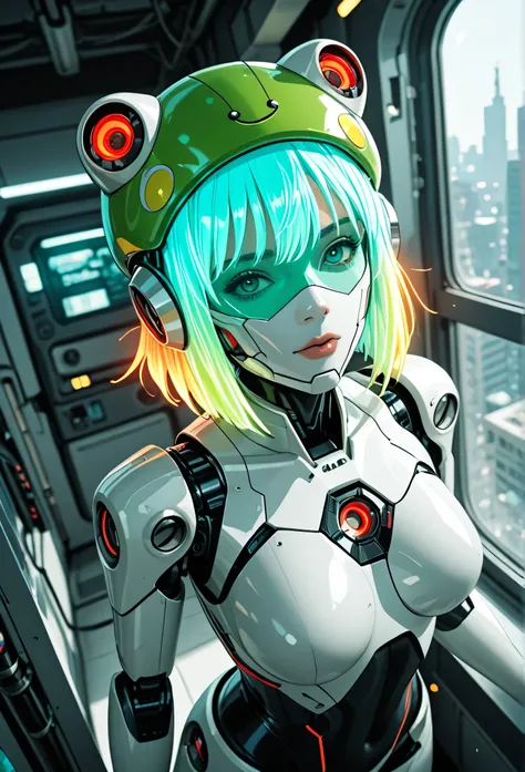 masterpiece, best quality, good quality, very aesthetic, absurdres, newest, 8K, depth of field, focused subject, dynamic angle, side view, from above, action shot, wabi sabi android woman, rainbow hair, glowing hair, cute simplistic frog hat, gazing at the...