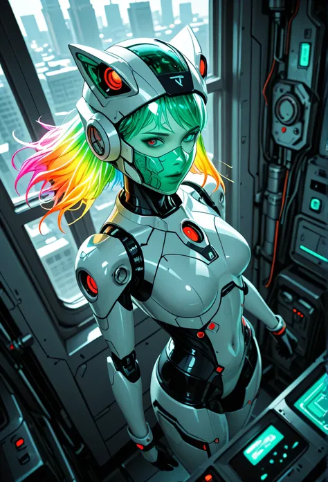 masterpiece, best quality, good quality, very aesthetic, absurdres, newest, 8K, depth of field, focused subject, dynamic angle, side view, from above, action shot, wabi sabi android woman, rainbow hair, glowing hair, cute simplistic frog hat, gazing at the...