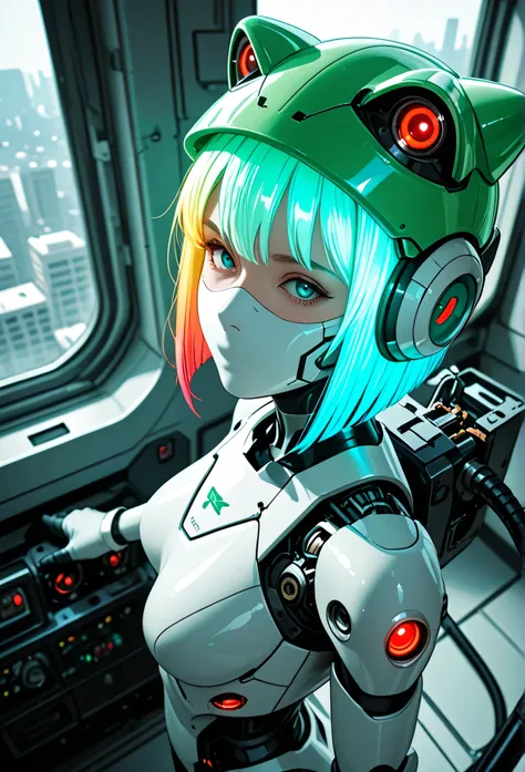 masterpiece, best quality, good quality, very aesthetic, absurdres, newest, 8K, depth of field, focused subject, dynamic angle, side view, from above, action shot, wabi sabi android woman, rainbow hair, glowing hair, cute simplistic frog hat, gazing at the...