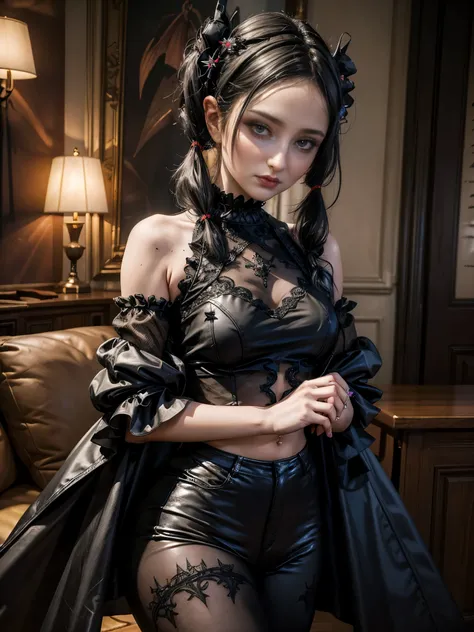 A beautiful Gothic Satanic Witch with black high pigtails hairstyle wearing a transparent mesh top and leather leggings ((best quality)), ((masterpiece)), (detailed), perfect face, parisdiam0nd 